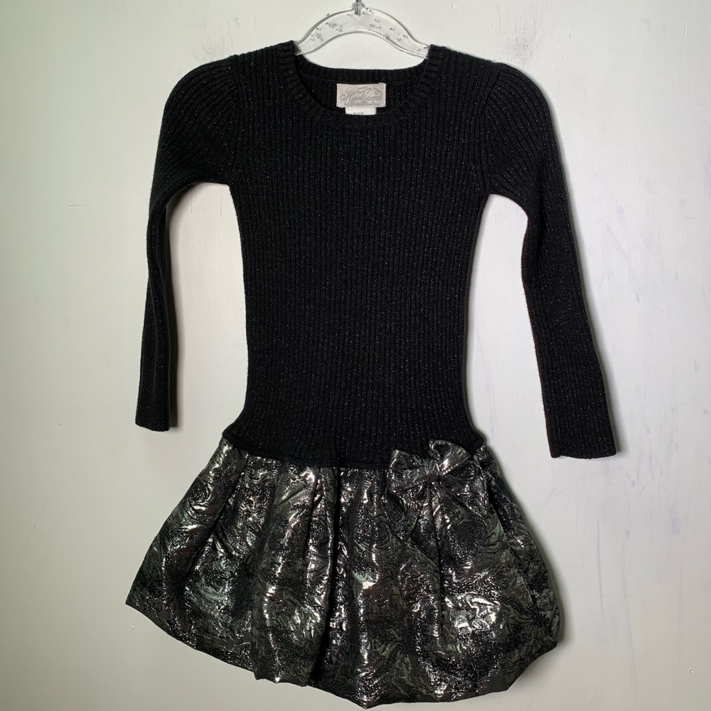 Heirlooms Long sleeve Girls Dress Shimmery metallic thread ribbed top bubble bow
